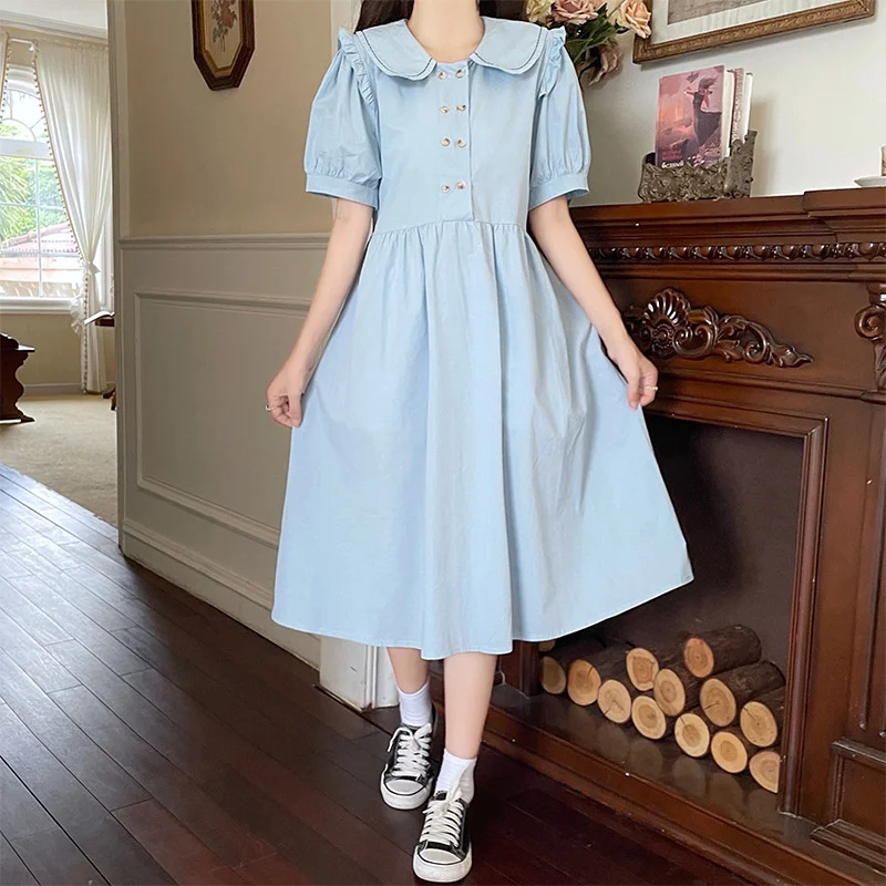 

2022 Summer New Sen Girl Junior High School Student Literature Girl Loose Doll Neck Cotton Short Sleeve Dress