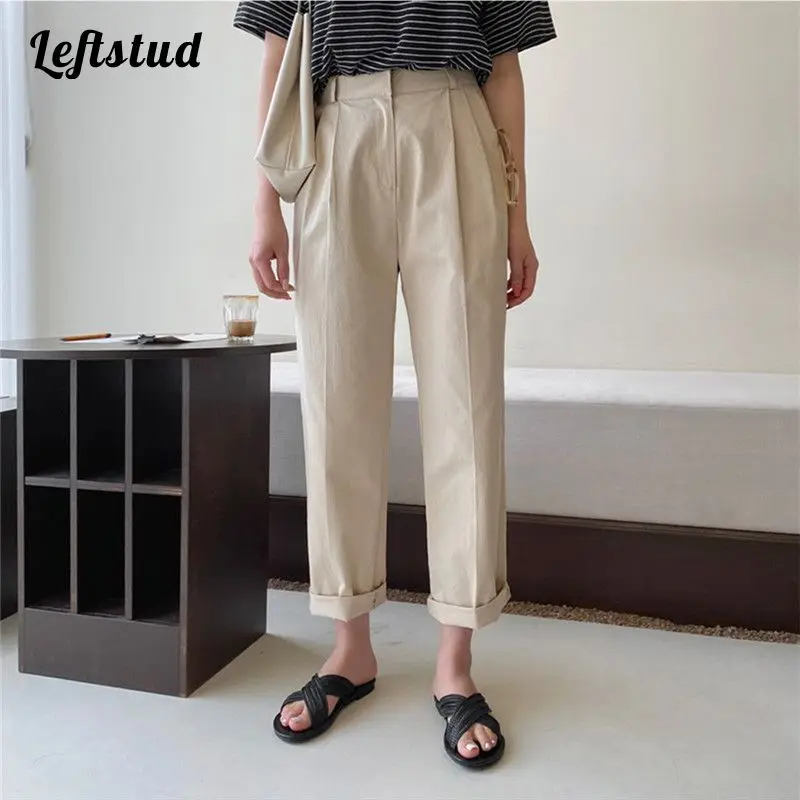 Pure Cotton Straight Wide Leg High Waist Women's Pants 2022 Autumn Korean Fashion Casual Solid Ankle-Length Pants for Women ins ripped high waist skinny pants invisible open crotch jeans for women 2022 summer slim fit slimming pencil ankle length pants