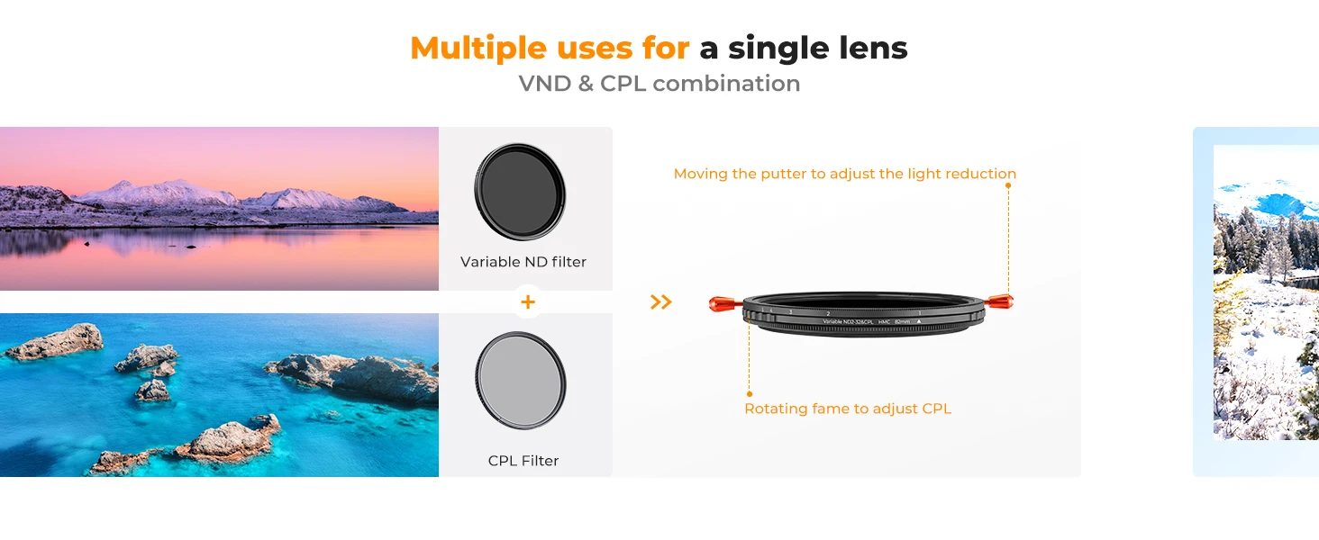 Description Picture 4 of itemK&F Concept 2in1 Variable ND2-ND32 Filter+CPL Circular Polarizing Filter 37-82mm Neutral Density Camera Lens Filter