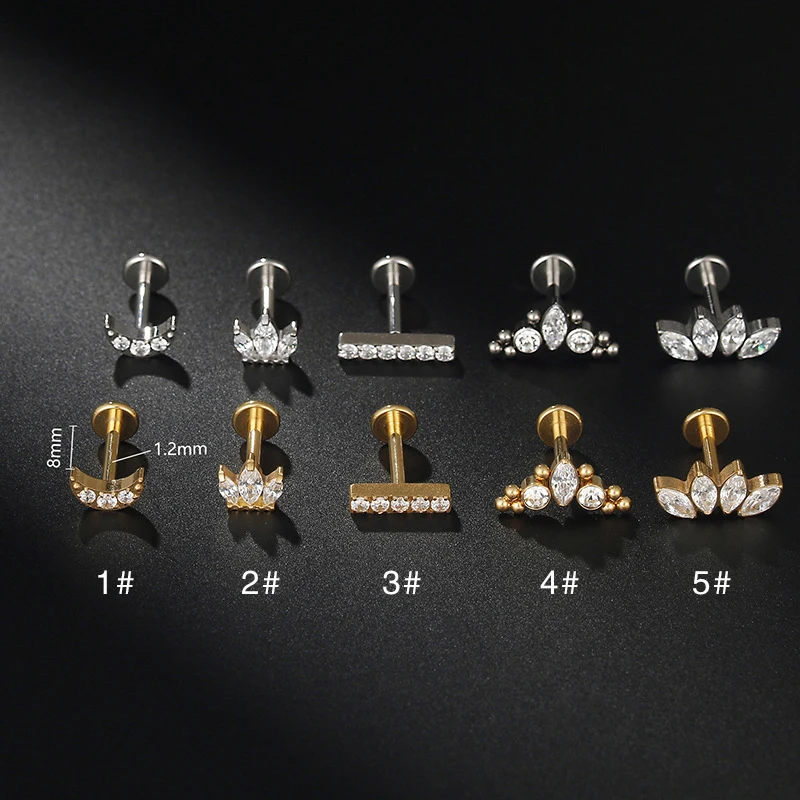 

1PC G23 Titanium Piercing Labret Studs Internal Thread Lip Stud Earrings CZ Leaf Crown Helix Cartilage Tragus Piercing Jewelry