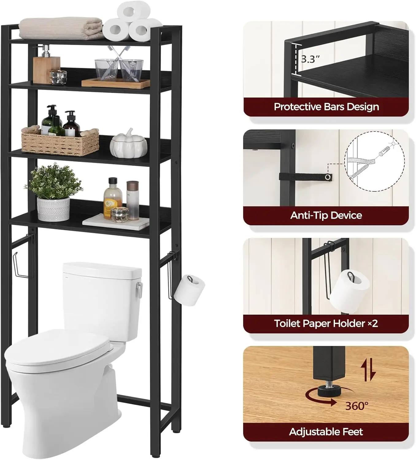 Over Toilet Storage Rack. 4 Tier Organizer. Freestanding, 2 Hooks. Easy Assembly. Black. TSHB0401