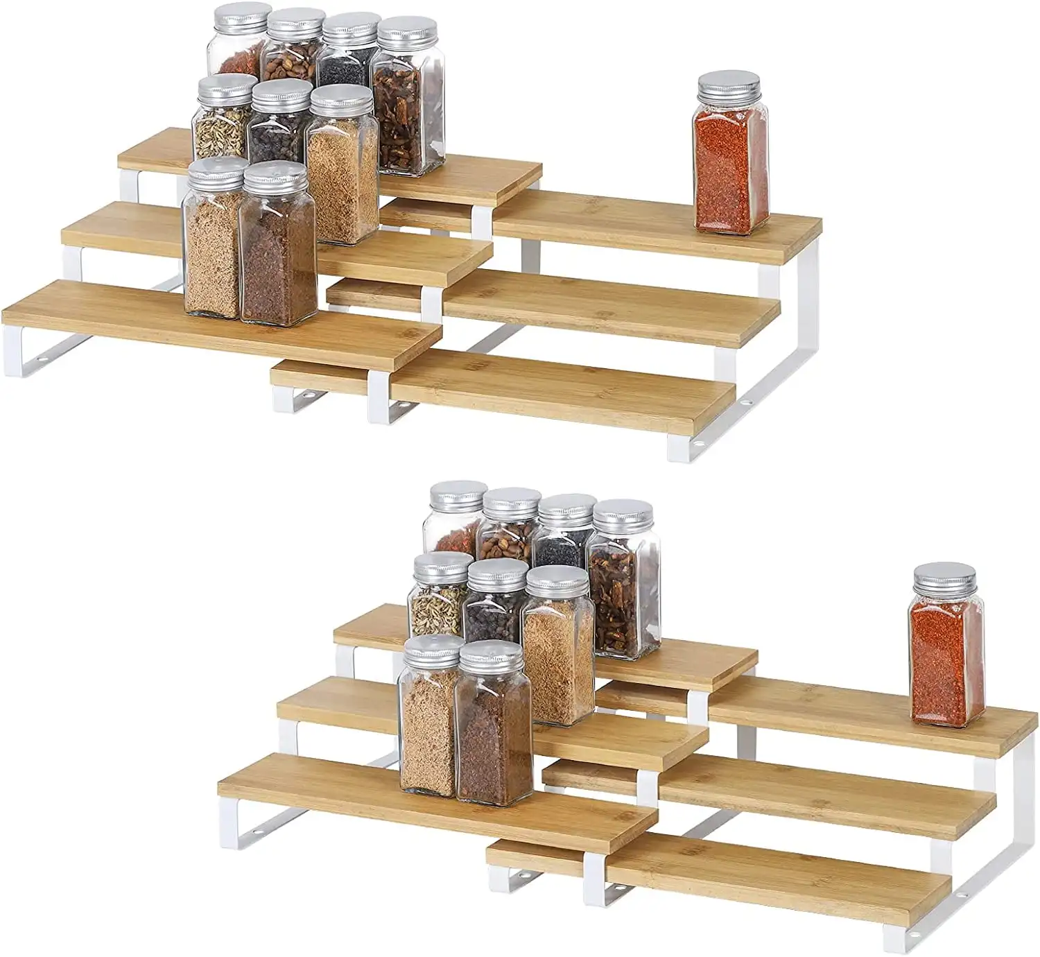 

3 Tier Expandable Spice Rack, 4 Pack Bamboo Step Shelf Organizer (White)