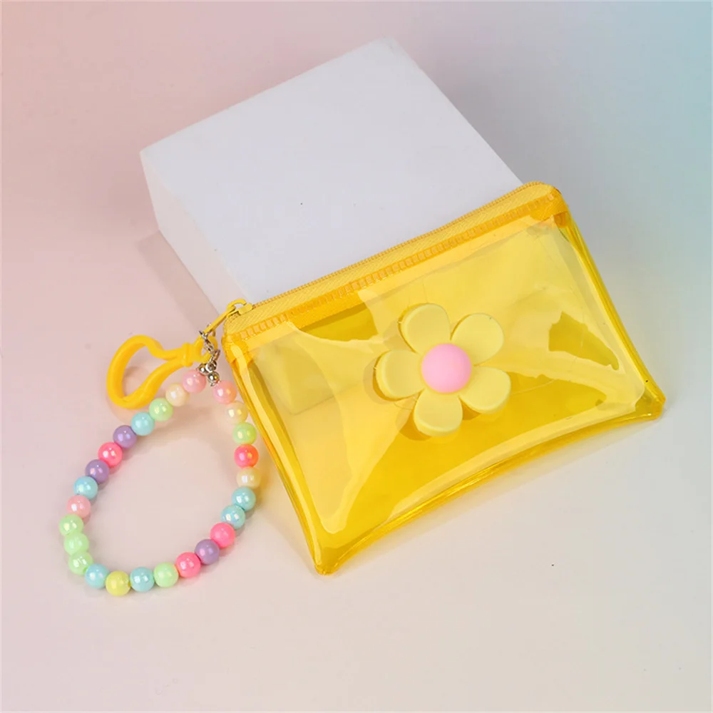 Colorful PVC Transparent Coin Purse Mini Earphone Storage Bag Ins Bead Chain Key Bags Card Organizer Flower Zipper Wallet