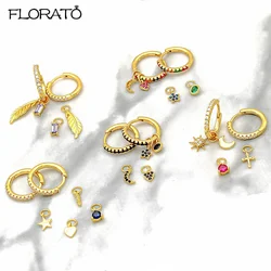 925 Sterling Silver Needle Colorful Crystal Hoop Earrings for Women Four Pendant Moon/star/cross/heart Earrings Luxury Jewelry