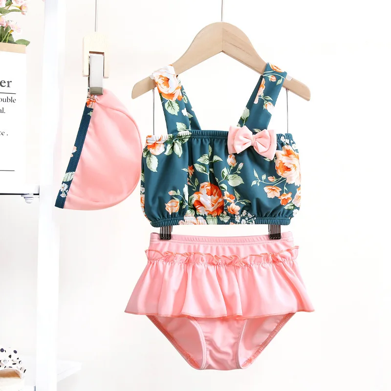 Kids Swimsuit Baby Split Cute Print Skirt Ins Swimsuit Culottes with Swim Cap Girl