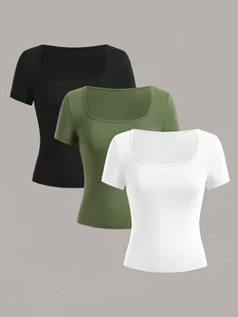Vibrant Square Neck T-Shirt in Solid Color - Spring and Summer Classic Casual Short Sleeve T-Shirt - Everyday Casual 1