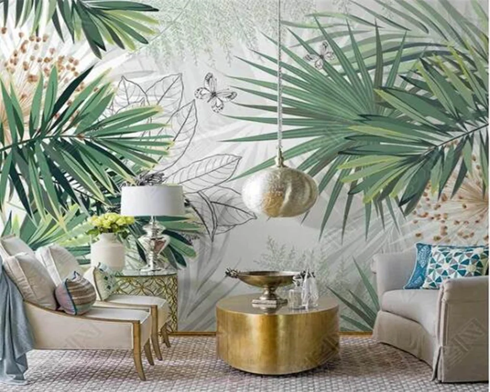 

Milofi Customizes a large 3D Nordic hand drawn tropical plant fresh rainforest and palm leaf indoor background wall