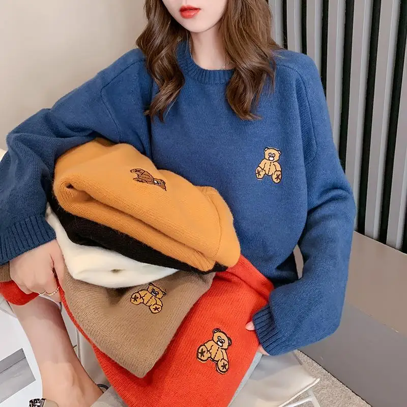Autumn Winter Fashion Solid Color Bear Sweaters New Long Sleeve All-match O-collar Casual Loose Bottoming Knitting Shirt 2022 2