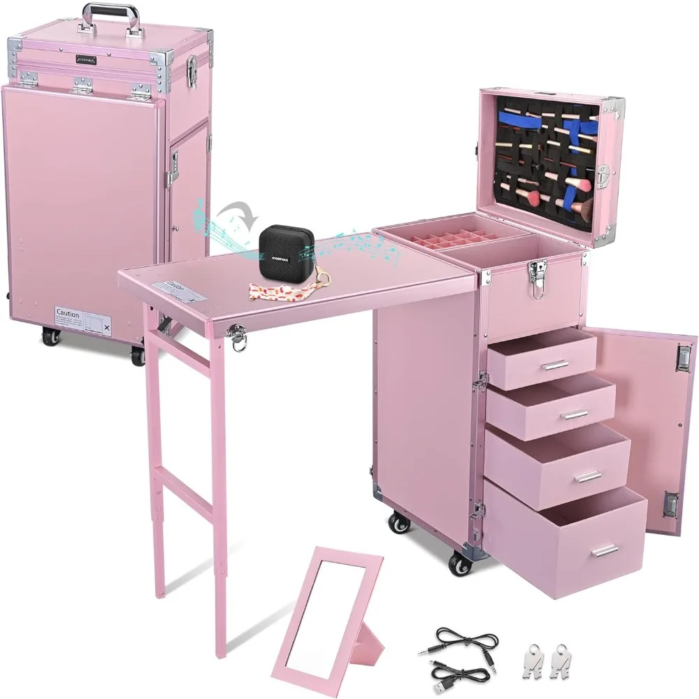 BYOOTIQUE Rolling Manicure Table Foldable Nail Table Makeup Train Case with Desk Cosmetic Trolley Travel Storage Organizer