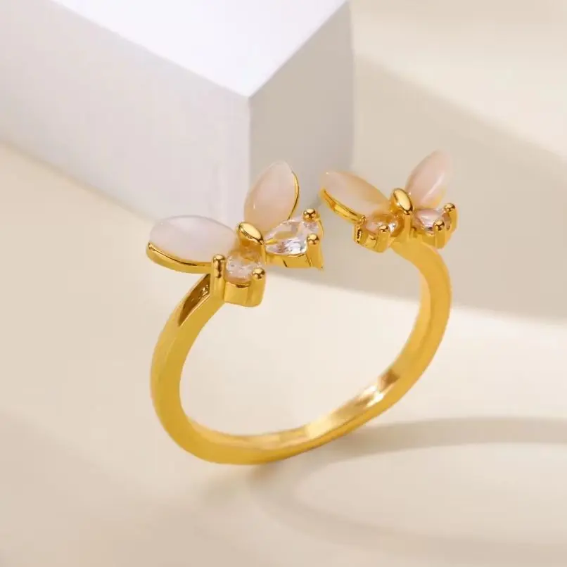 Luxury Zircon Butterfly Rings Double Stainless Steel Gold Color