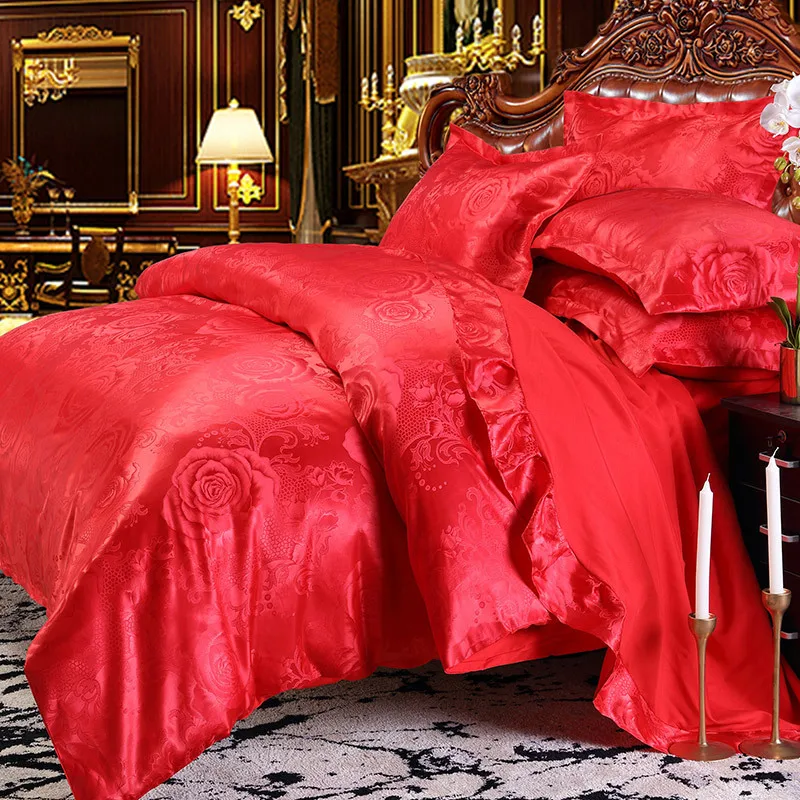 Classic Jacquard Bedding Set Solid Red Duvet Cover Simple King Size Co –  Pgmdress