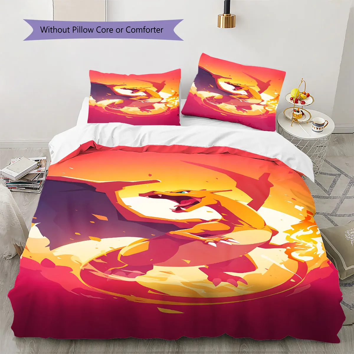 Charizard 3Pcs 침구 세트 멋진 파이어 드래곤 인쇄된 이불 커버 베개 커버 부드러운 마이크로 화이버 침실 장식 충전재 없음