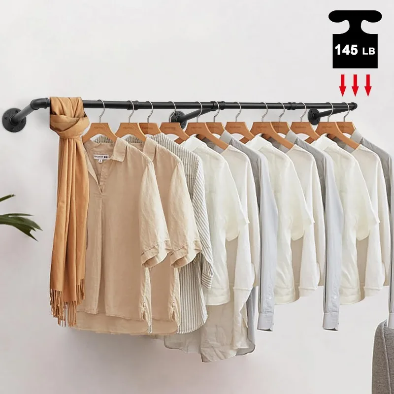 Industrial Pipe Clothes Rack, Heavy Duty Detachable Iron Garment Rack Wall Mounted 6