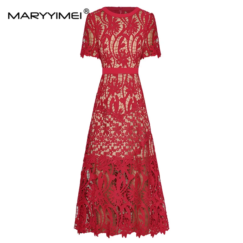 

MARYYIMEI Fashion dress Summer Women Dress Short sleeve Hollowed out Lace Patchwork Slim Elegant Party Dresses