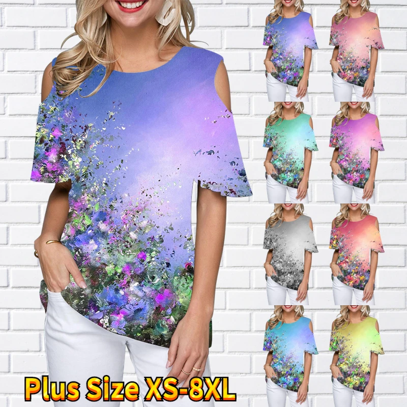 

2023 Summer Women Pullover Daily Street Round Neck Off-the-shoulder T Shirt Oversized Short Sleeve Flower Print Size Pullover