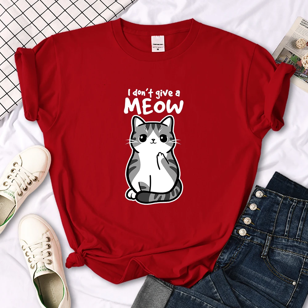 I don't Give A Meow Funny Cat Cartoon Animal Print T-shirts Ladys Oversize Comfortable Kawaii Top Womens Soft Skin-friendly Tees