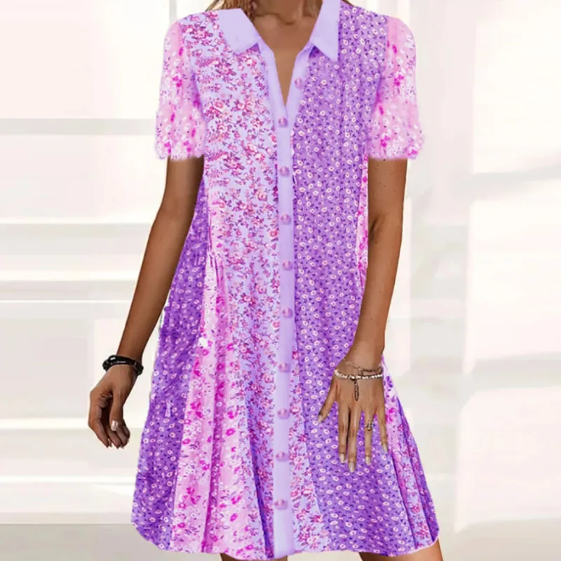 

Женское винтажное платье-рубашка в стиле пэчворк, с цветочным принтом, отложным воротником, однобортное мини-платье с разрезом, летнее платье-трапеция с коротким рукавом