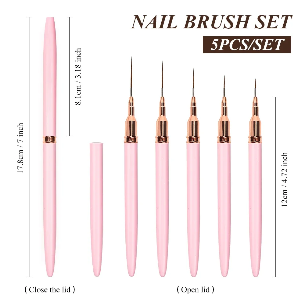 5 Pcs Nail Art Liner Brushes Set Elongated Lines Striping Drawing UV Gel Painting Nail Design Pen Professional Manicure Tool