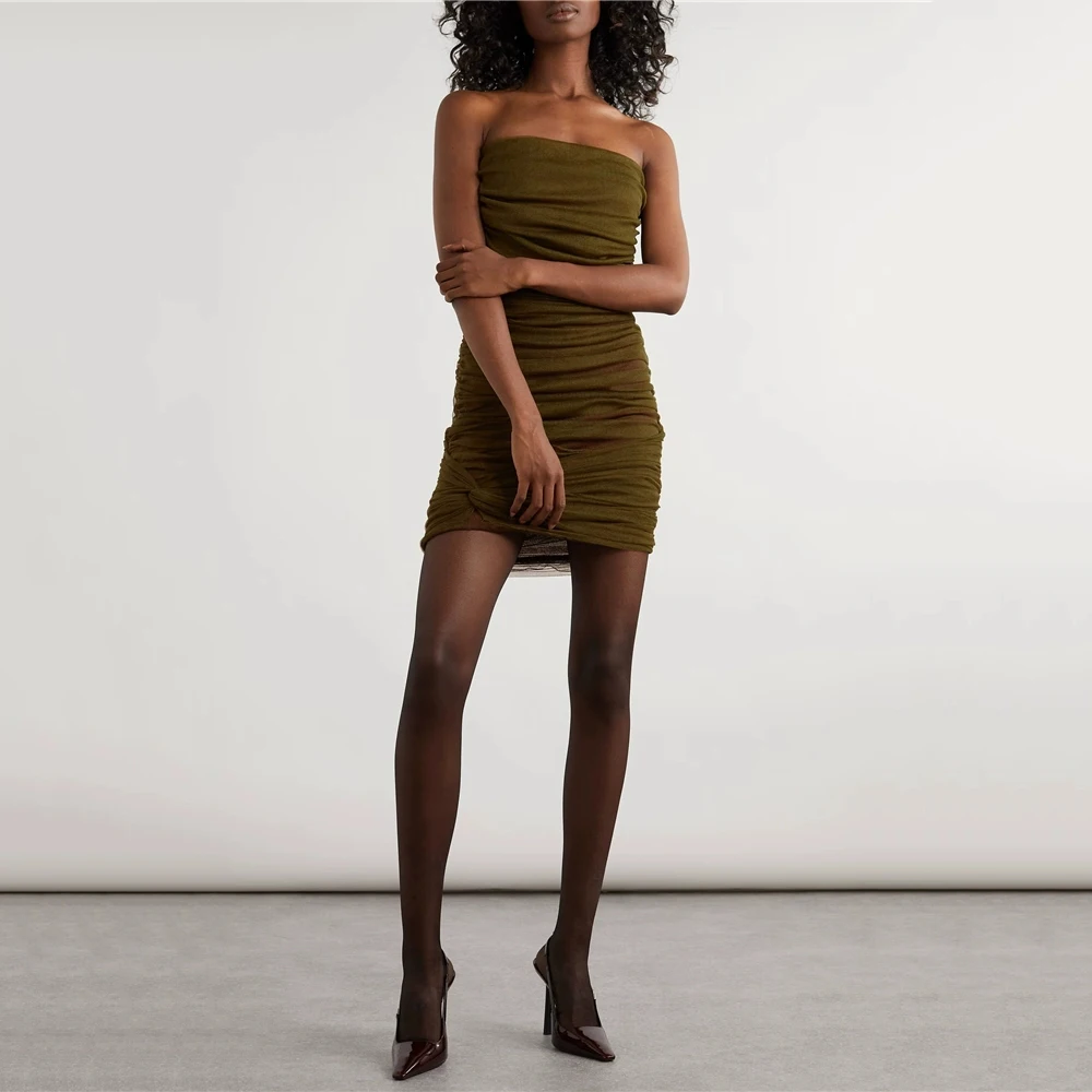 

2024 Spring and Summer New Women's Dress Y2k Dark Green Mesh Yarn Pleated Slim Fashion Sexy Peplum Dresses