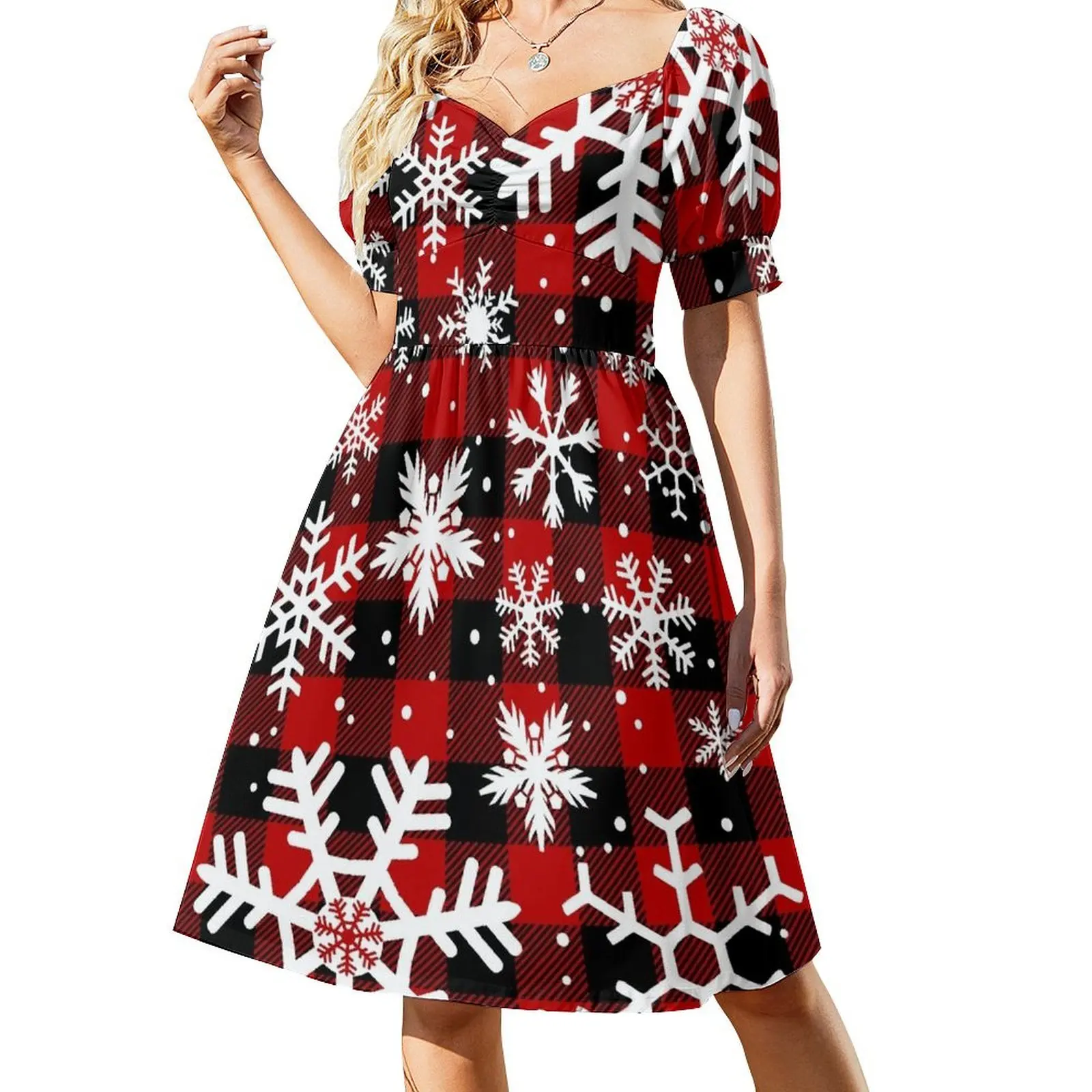 thumbnail image 1 of Vestido largo de manga corta con estampado de copos de nieve y cuadros escoceses de búfalo rojos y negros, ropa de mujer de verano, 1 of 7