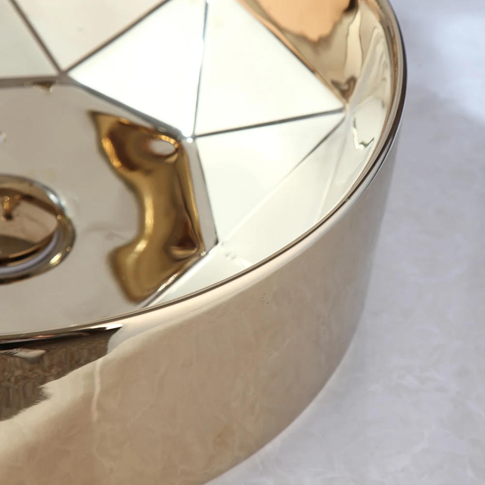 Monite Golden Plated Ceramic Round Bathroom Combine Faucet Set Lavatory Washbasin Sink Diamond Setting Mixer Faucet w/ Pop Drain 6