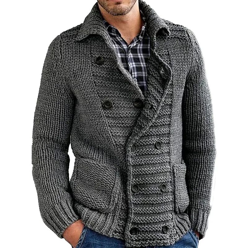 Men's Sweater Cardigan Autumn And Winter New Lapel Double Breasted Solid Color Fashion Casual Large Size Sweater