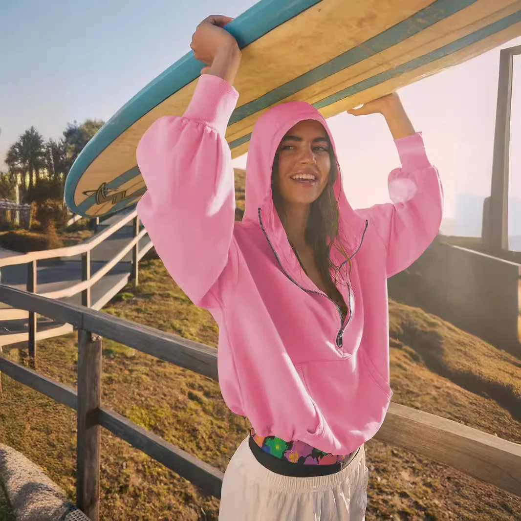 2024 New Women's Sports Hoodie with Hood Drawstring Long Sleeved Top Half Zip Jacket