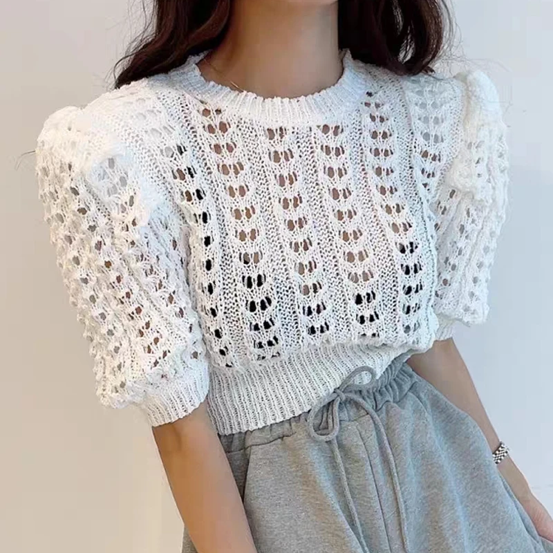 

Летний Повседневный женский прозрачный свитер с круглым вырезом, Женский пуловер, короткая блузка из ледяного шелка с вырезами, рубашка с коротким рукавом 27692