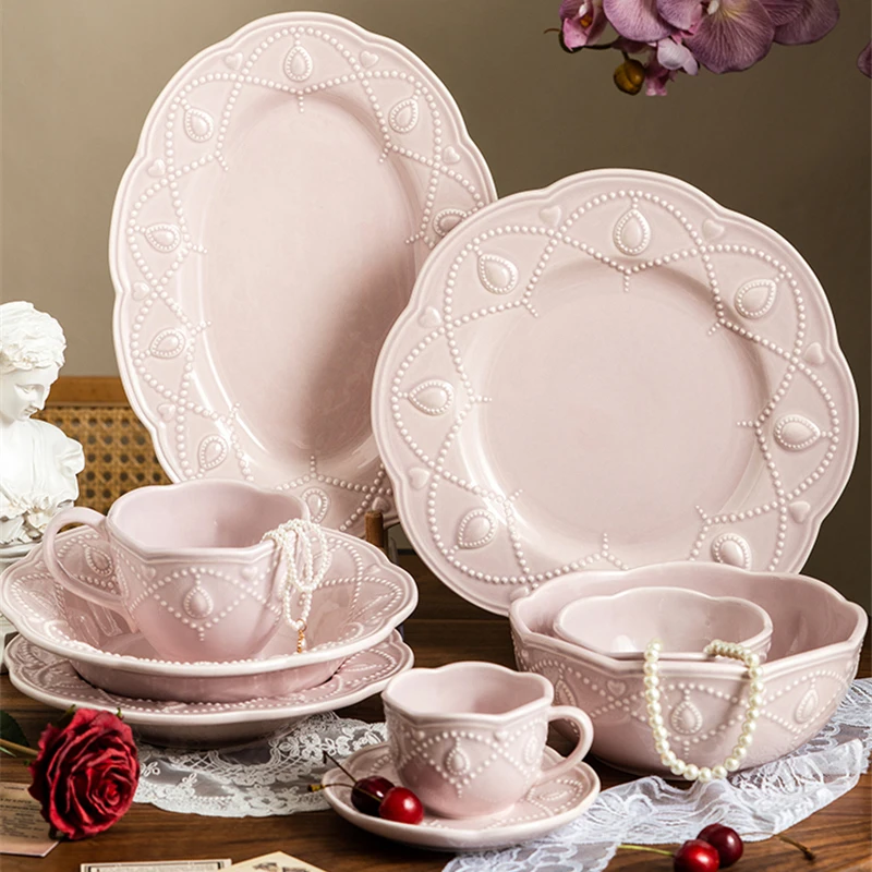 Pink Plate Set Retro Embossed Ceramic Dishes Cup and Saucer Breakfast Milk Mug Soup Plate Kitchen Tableware Housewarming Gift