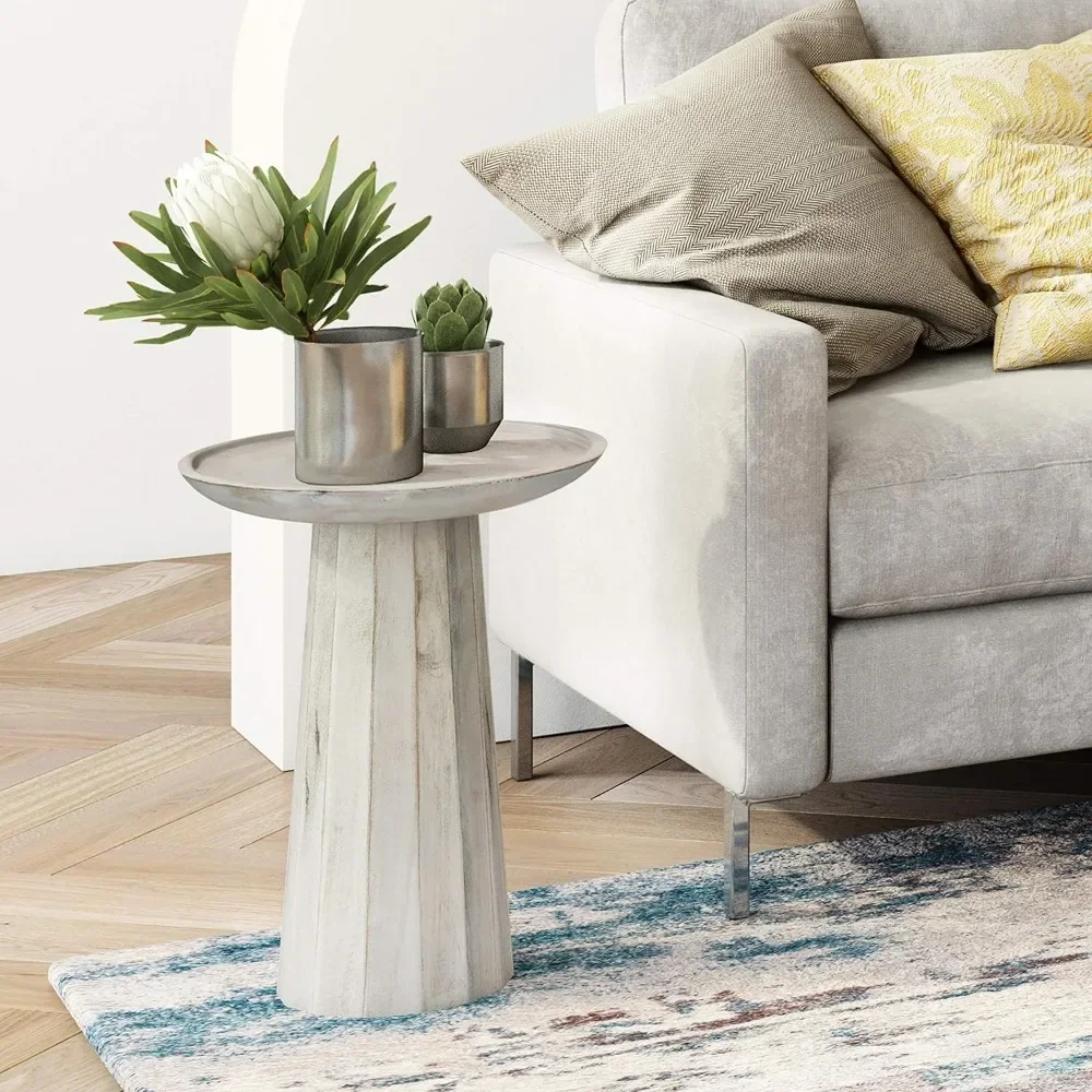 

Coffee Table Solid Mango Wood 13 Inch Wide Round Wooden Decorative Table,White Washed, Fully Assembled,For Living Room & Bedroom