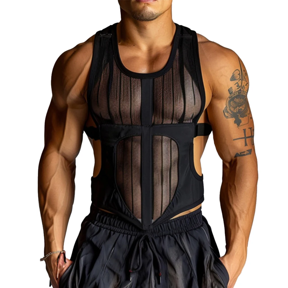 

Men Tank Tops Sleeveless Undershirt Sexy Mesh Sheer Hollow Vest See Through Fishnet T Shirt Muscle Tee Fitness Undershirt