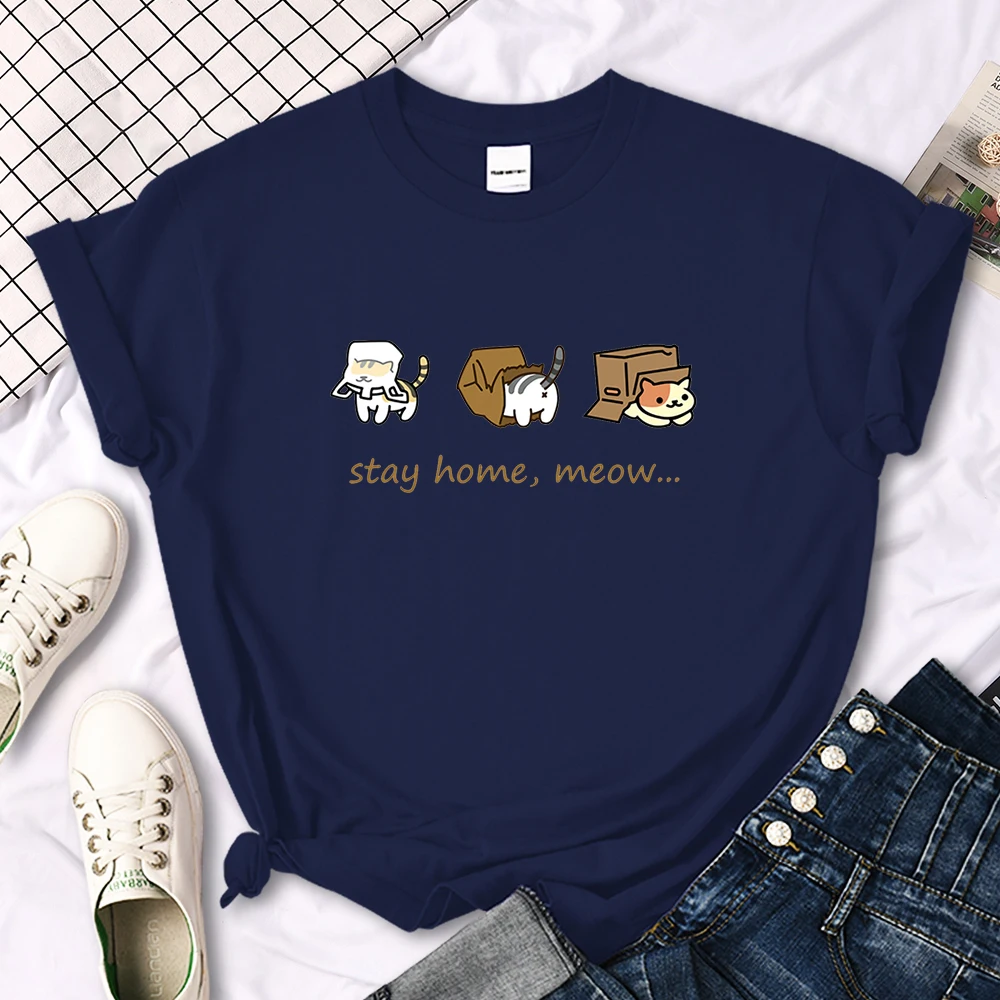 Kawaii Three Mini Cat Animal Stay Home Meow Print Women Tshirts Oversize Tops o-Neck Tee Shirt Casual Style Female Tee Shirts