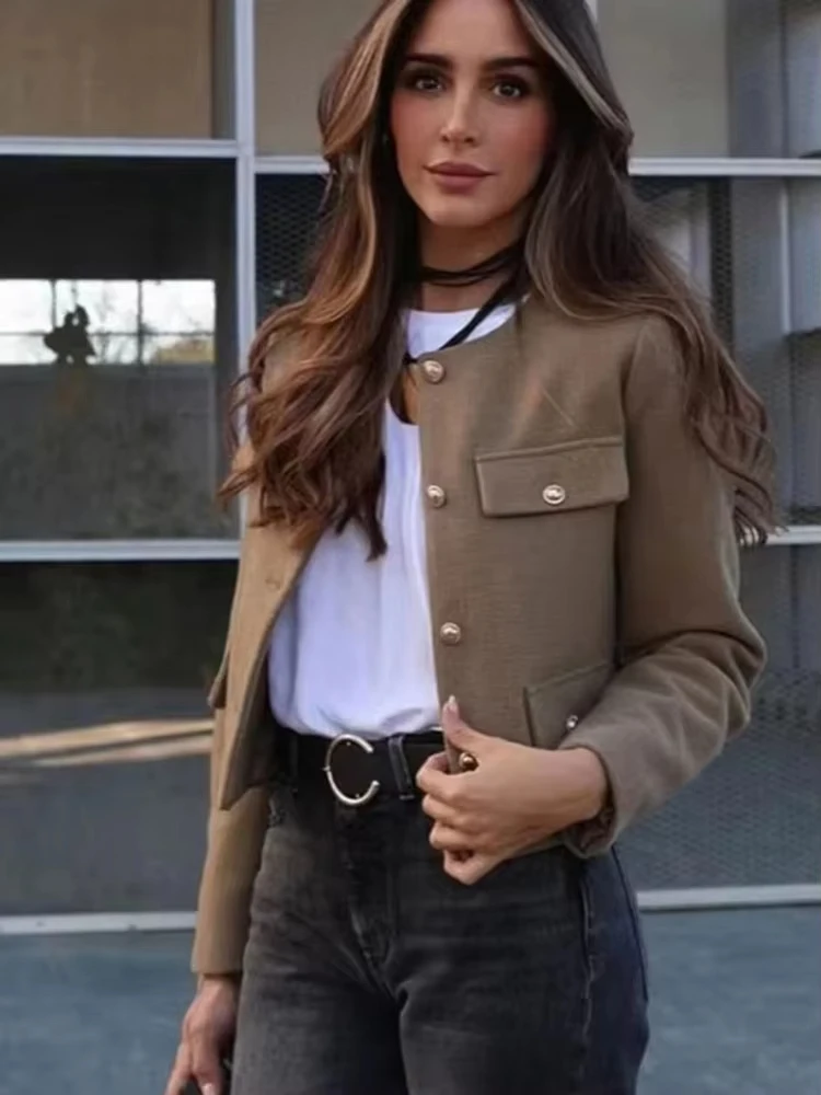 HH Jacket For Women Front Flap Pocket Long Sleeve O Neck Coat Casual Autumn New Fashion High Street Solid Outerwear