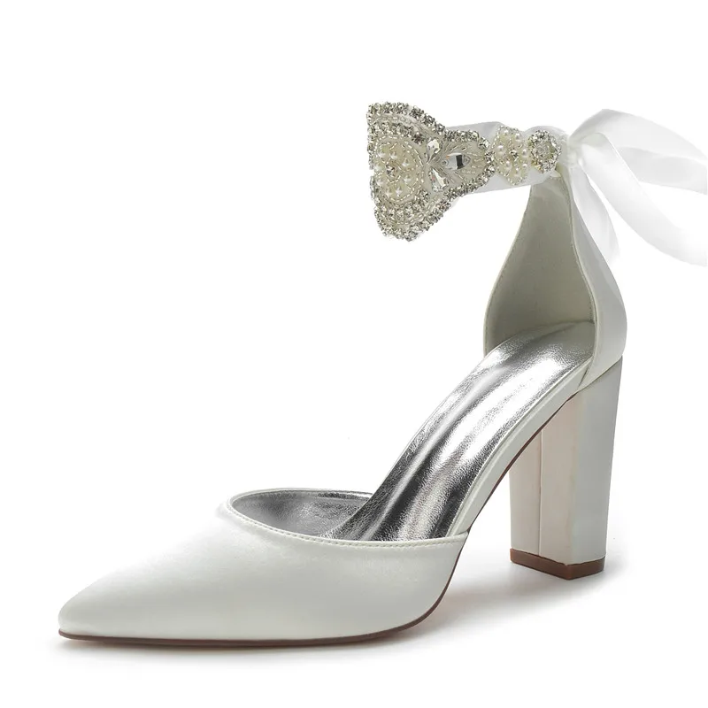 

Satin Rhinestones High Block Heel Wedding Shoes for Bride Pointed Toe Women Pumps Ribbon Evening Party Sandals Bridal Heels