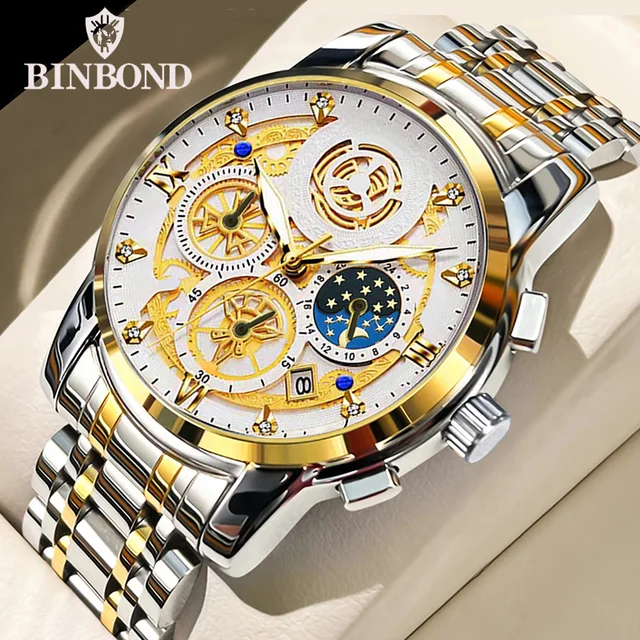 BINBOND luxe Quartz pour hommes montre bracelet en acier inoxydable cadran de luxe lumineux 30M étanche hommes d'affaires montre-bracelet 1