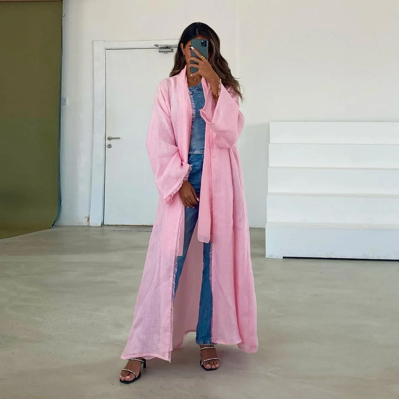 

Solid Modest Casual Pink Tassel Open Kimono Abaya Muslim Ramadan Eid Dubai Women Clothing Jalabiyat Moroccan Caftan Abaya Dubai