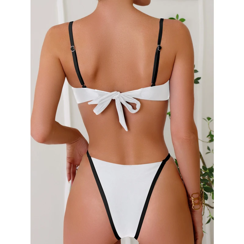 Stylish Contrast Low Waist Thong Bikini