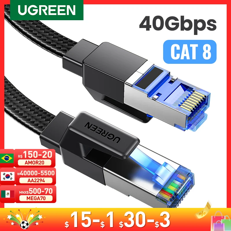 UGREEN CAT8 Ethernet Cable 40Gbps 2000MHz CAT 8 Networking Cotton Braided Internet Lan Cord for Laptops PS 4 Router RJ45 Cable