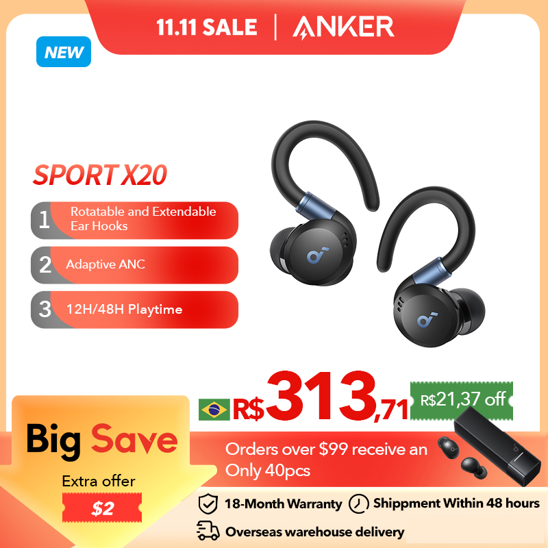 Soundcore by Anker Sport X20 True-Wireless Workout Earbuds Ear Hooks Earphone Bluetooth Wireless Bluetooth Headphones