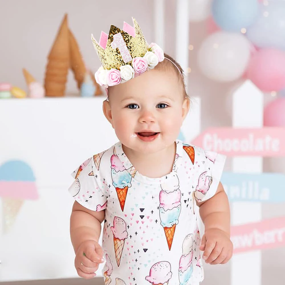 Baby Birthday Party Hat Crown 1 2 3 Year Baby Girl Princess Crown Headband Kids Shower First 1st Happy Birthday Party Decor party hat birthday crown baby crown hat birthday headband set