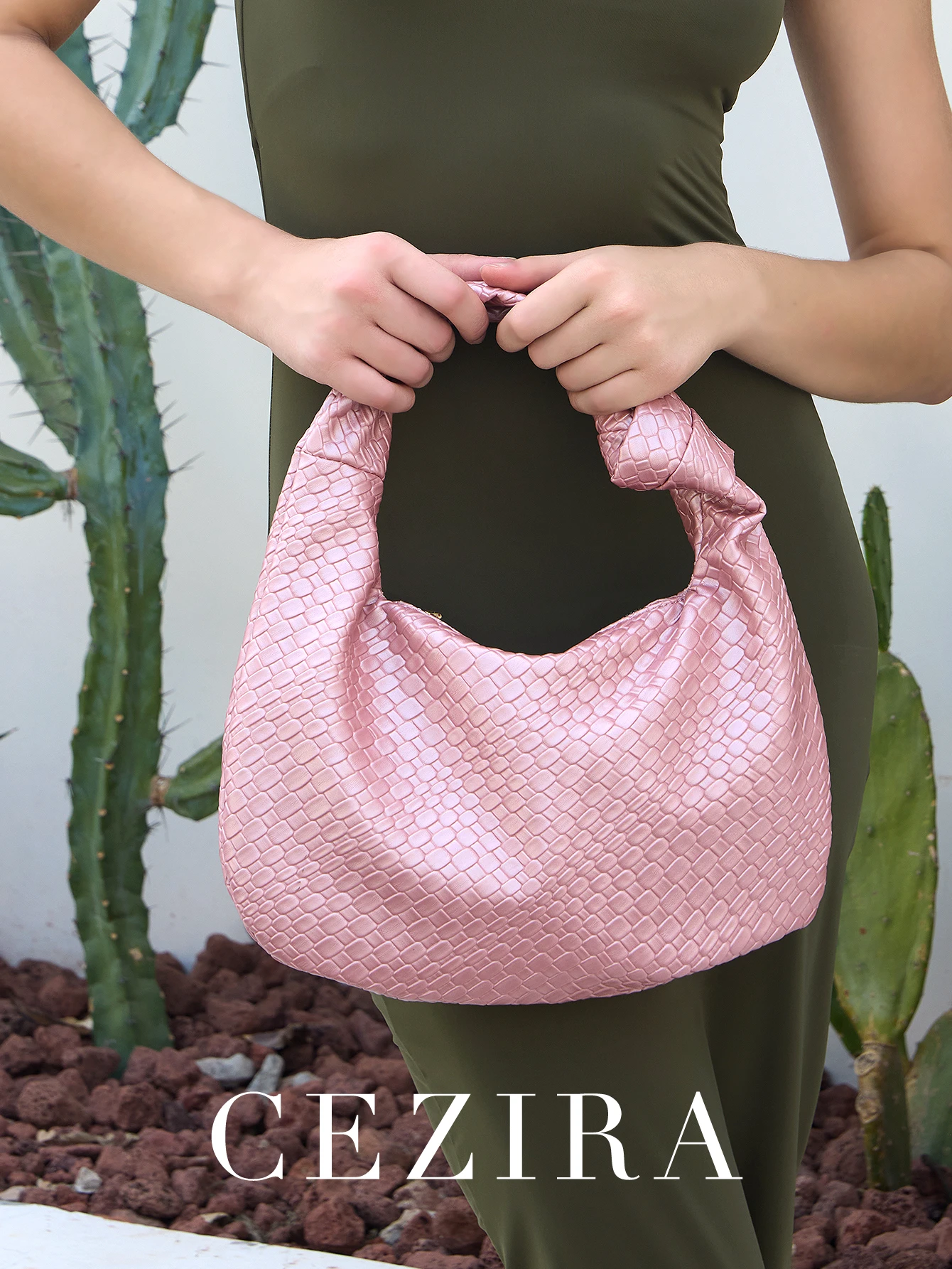 CEZIRA Women Classic Fashion Woven Embossed Hobo Soft PU Vegan Leather Knotted Strap Small Top-handle Shoulder Bag_voghion.com