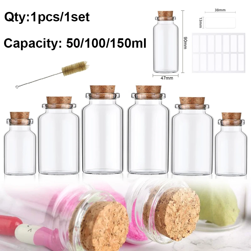 1pcs/1set of 50-150ml transparent cork empty glass bottle with label and brush candy storage glas jar household storage jar vial