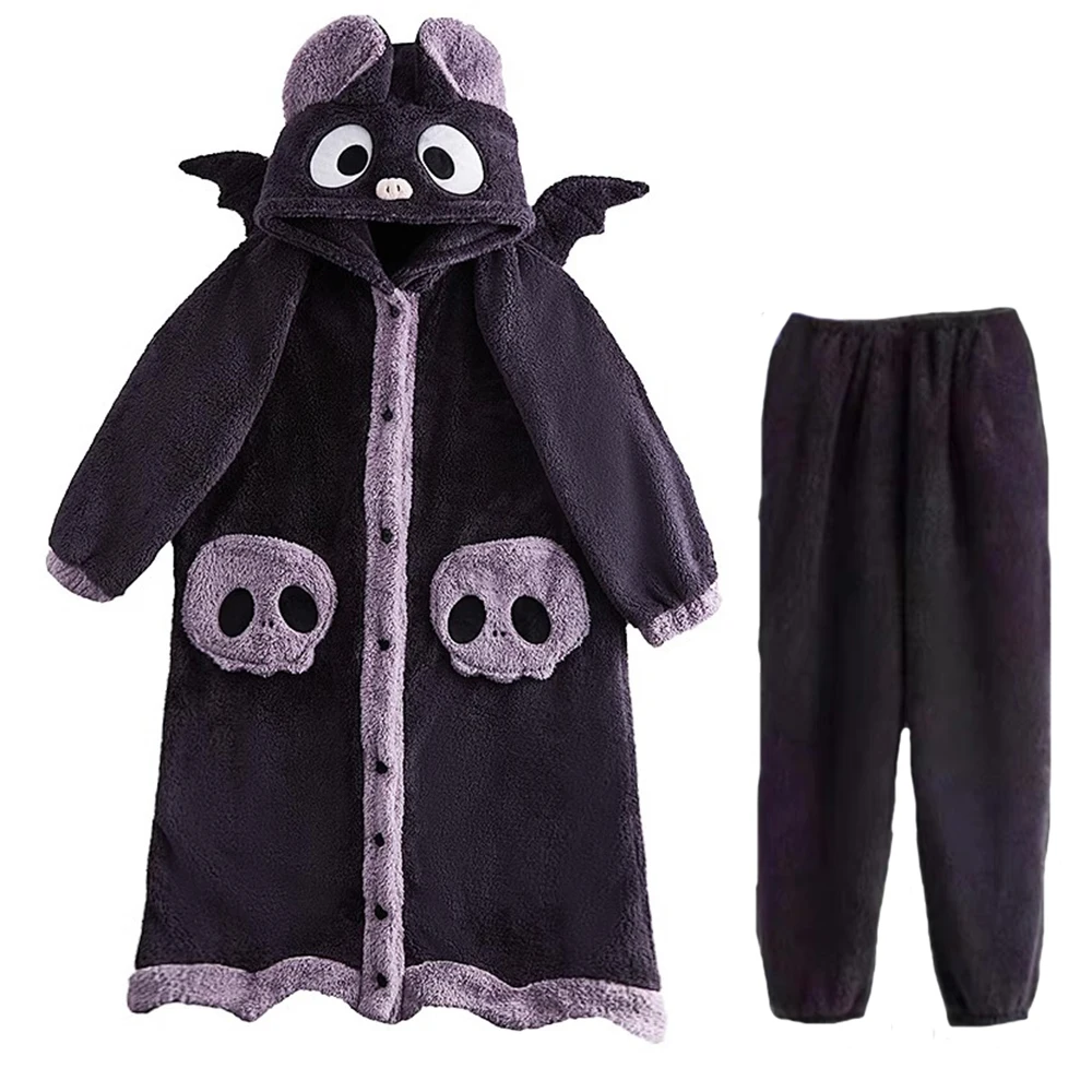 thumbnail image 1 of Camisón con capucha de murciélago para Cosplay, conjunto de 2 piezas con esqueleto de bruja, pijama de franela para invierno, ropa de dormir para Halloween, 1 of 4