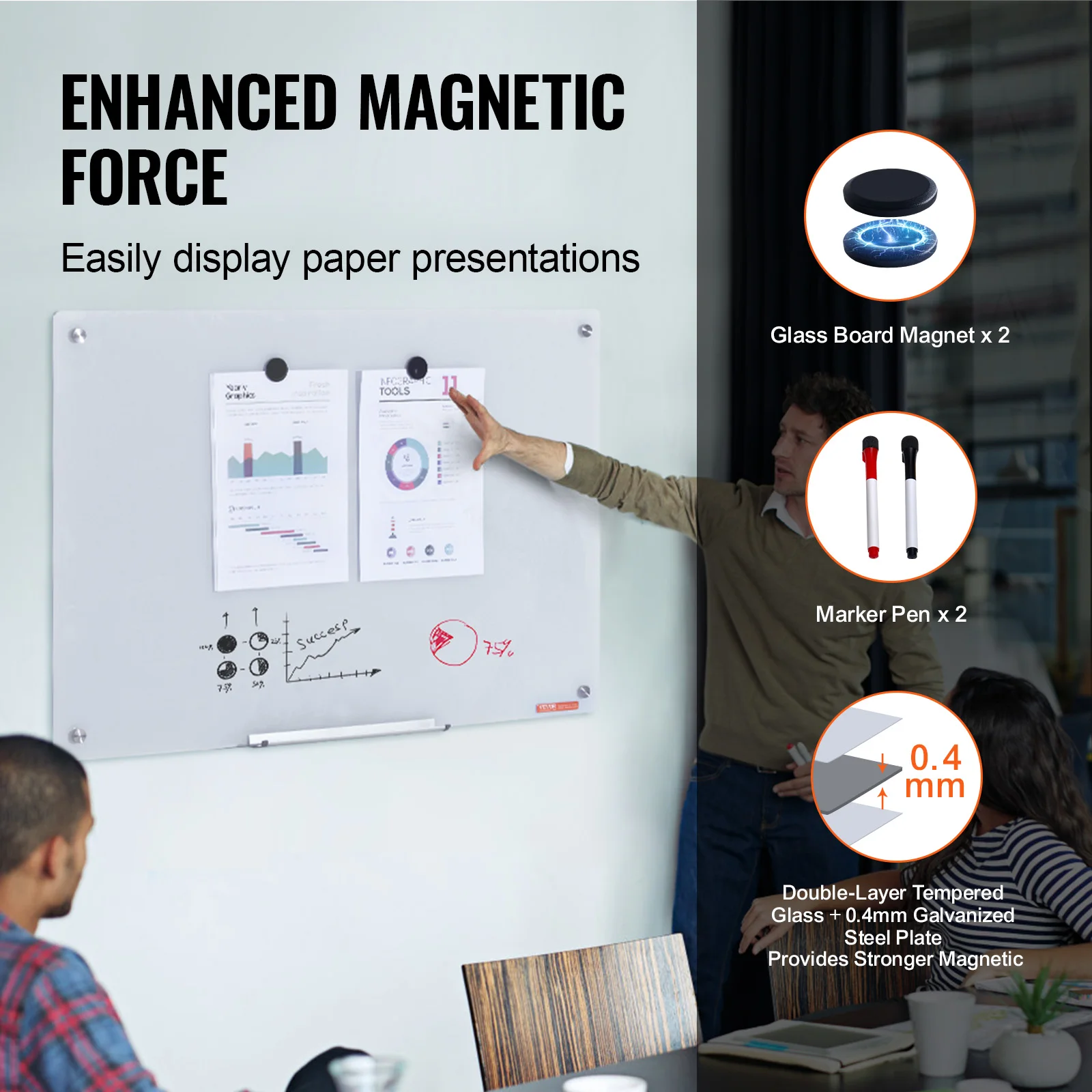 Magnetic Glass Whiteboard Dry Erase Board Wall-Mount Large Frameless Glassboard for School Office VEVOR 36"x24"/48"x32"/72"x36"