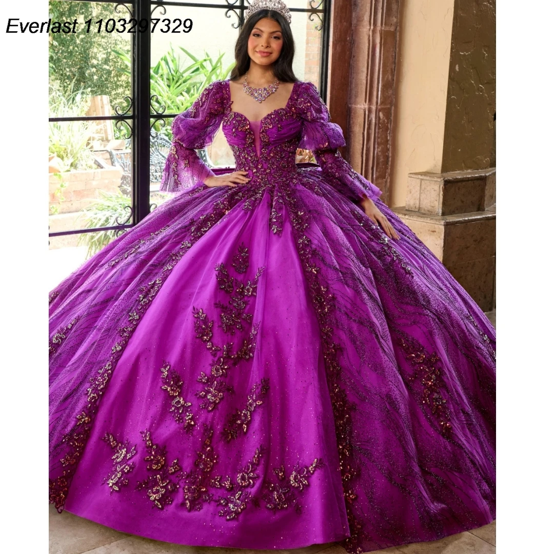 

EVLAST Purple Quinceanera Dress Ball Gown Puffy Long Sleeve Lace Applique Sequins Beaded Bow Sweet 16 Vestido De 15 Anos TQD457