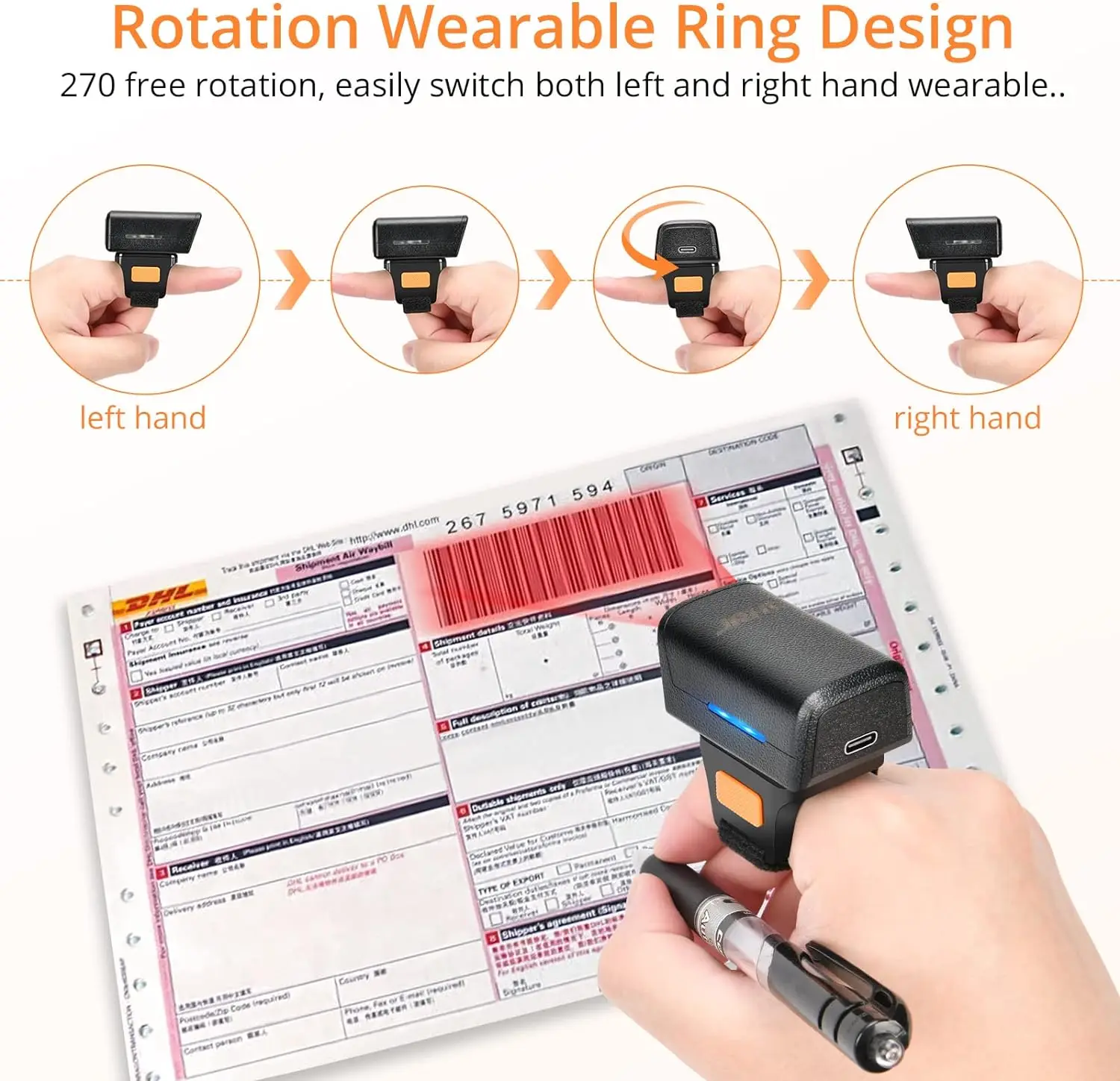 JRHC 2D Bluetooth Barcode Scanner Portable Wireless Bar Code Scanner Wearable Finger QR Mini BarCode Reader with2.4G