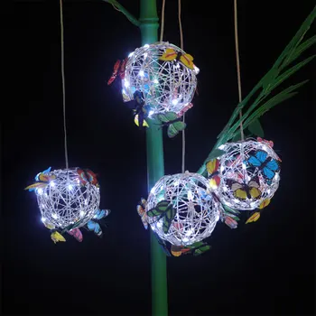 Garden Hanging Solar Light Round Ball Light With Butterfly Waterproof Metal Weaving Hanging Lamp Home Decorative