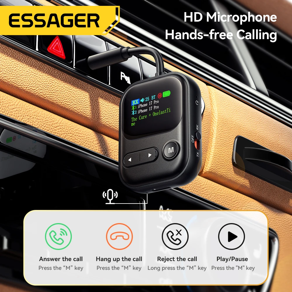 Essager 블루투스 6.0 오디오 송신기 수신기 2 IN 1 RT/TX 어댑터 3.5MM 마이크 LCD 디스플레이 포함 스피커 자동차 TV PC 비행기용