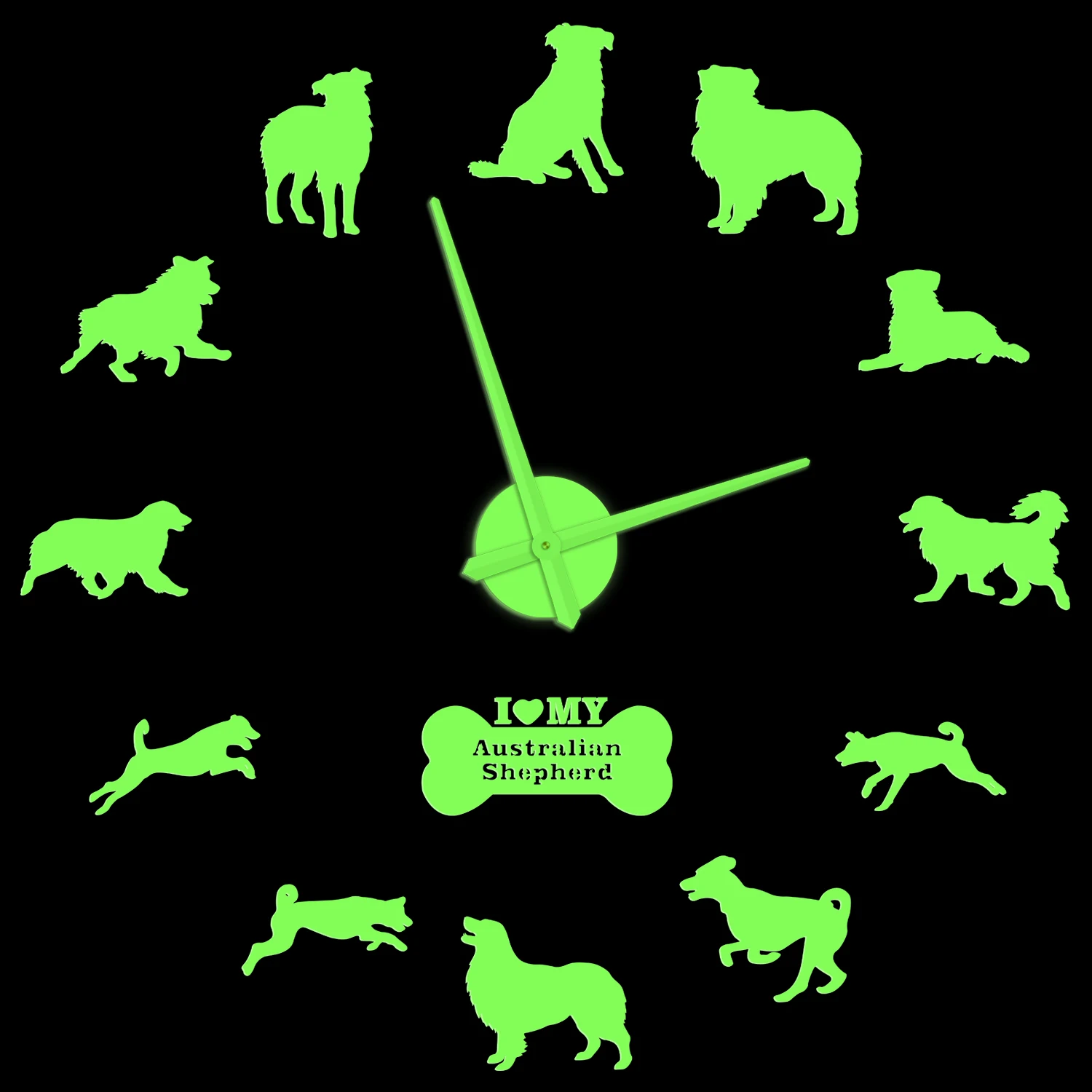 

Aussie Australian Shepherd Dog Frameless DIY Wall Clock Glow in Dark Australian Sheepdog Modern Design Illuminated Silent Watch