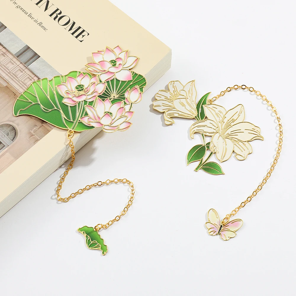 lotus Flower Green Lily Metal Bookmark Page Mark Stationery for Book Lovers Bookworm Gifts Reading Markers for Men Women metal bookmark floral painting bookmark bookmarks stationery supplies